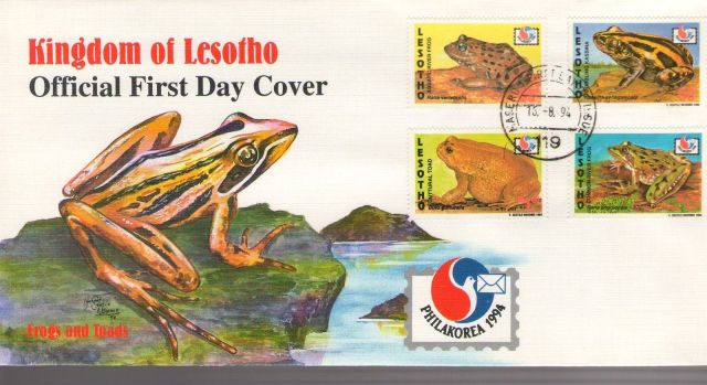animals on stamp 1994 Philakorea Frogs and Toads FDC - Lesotho African Frogs African Wildlife on stamps Wild animals on stamps Topical stamp collection thematic stamp collector  frog stamp collection  amphibian stamps  african amphibians african toads postage stamps  frogs and toads of africa 