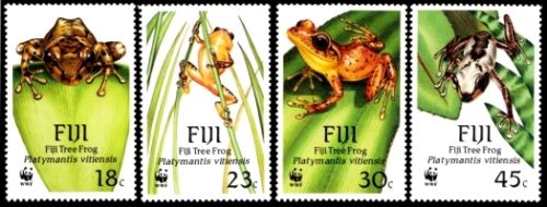 Fiji Scott #591-#594 1988 WWF Stamps  Tree Frogs  animals on stamps frogs on stamps tree frog stamps  frogs on stamps wildlife stamps wild animals on stamps topical stamps collecting thematic stamp collector  amphibians on stamps  world wildlife fund stamps
