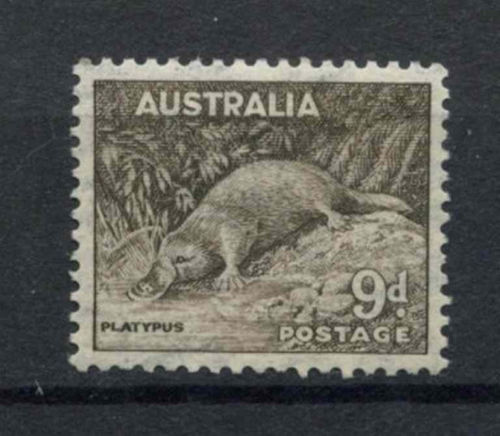 Australia 1937 Platypus 9d  thematic stamp collecting mammals on stamps fauna on stamps philatelist  philatelic collection  philatelic collector stamp collecting for beginners Australian wildlife Australian fauna Australia topical stamp collecting zoological stamps  animals on stamps wildlife stamps Australian postage stamps topical stamp collection Duck-billed Platypus Ornithorhynchus anatinus  