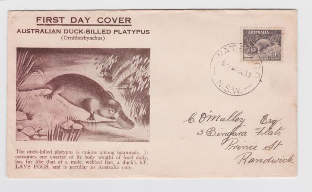 Australia 1937 Platypus 9d FDC     thematic stamp collecting mammals on stamps fauna on stamps philatelist  philatelic collection  philatelic collector stamp collecting for beginners Australian wildlife Australian fauna Australia topical stamp collecting zoological stamps  animals on stamps wildlife stamps Australian postage stamps topical stamp collection   