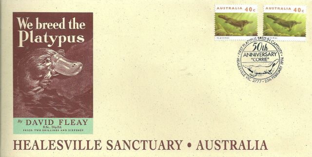 Australia 1994 Healesville Sanctuary souvenir cover for Corrie the Platypus  Ornithorhynchus anatinus  zoological stamps  animals on stamps wildlife stamps Australian postage stamps topical stamp collection thematic stamp collecting mammals on stamps fauna on stamps philatelist  philatelic collection  philatelic collector stamp collecting for beginners Australian wildlife Australian fauna Australia topical stamp collecting  