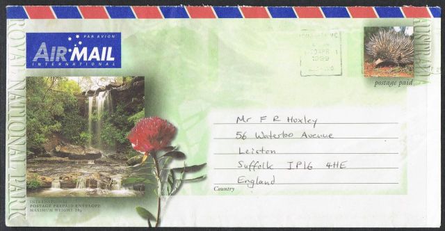 Australia 1999 Cover -  Echidna - National Park animal stamp wildlife stamp topical stamp collecting thematic stamp collecting Australian wildlife postage stamps  spiny anteater collecting postage stamps  Australian spiny anteater  echidna Short-beaked echidna Tachyglossus aculeatus    