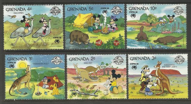 GRENADA 1988 SYDPEX DISNEY Wallaby Kangaroo Emu Wombat Platypus Wolf  Ornithorhynchus anatinus  zoological stamps  animals on stamps wildlife stamps Australian postage stamps topical stamp collection thematic stamp collecting mammals on stamps fauna on stamps philatelist  philatelic collection  philatelic collector stamp collecting for beginners Australian wildlife Australian fauna Australia topical stamp collecting  